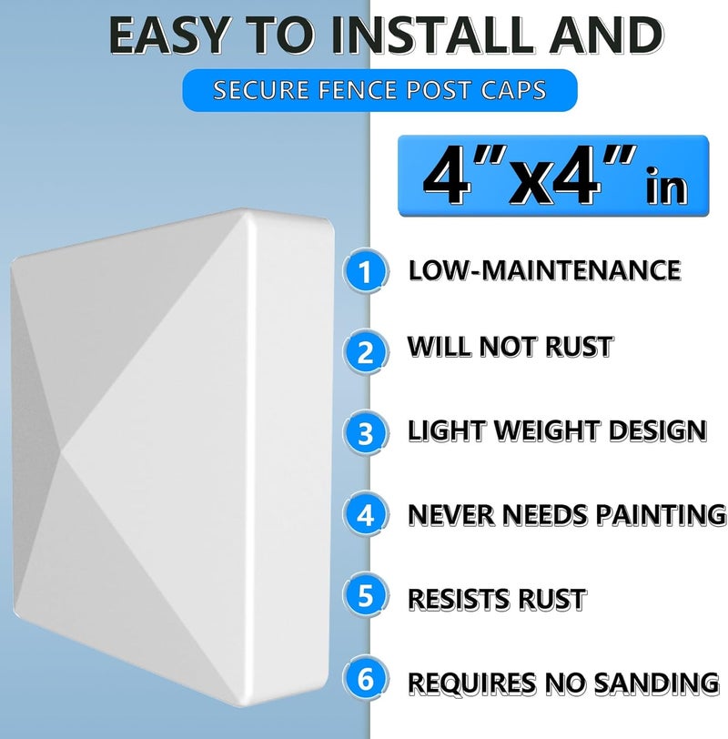 RECTOO 4x4 Vinyl Fence Post Caps, White PVC Decorative Pyramid for Actual 4"x4" Vinyl Posts – Not for Wood Post (8-Pack) - Image 3